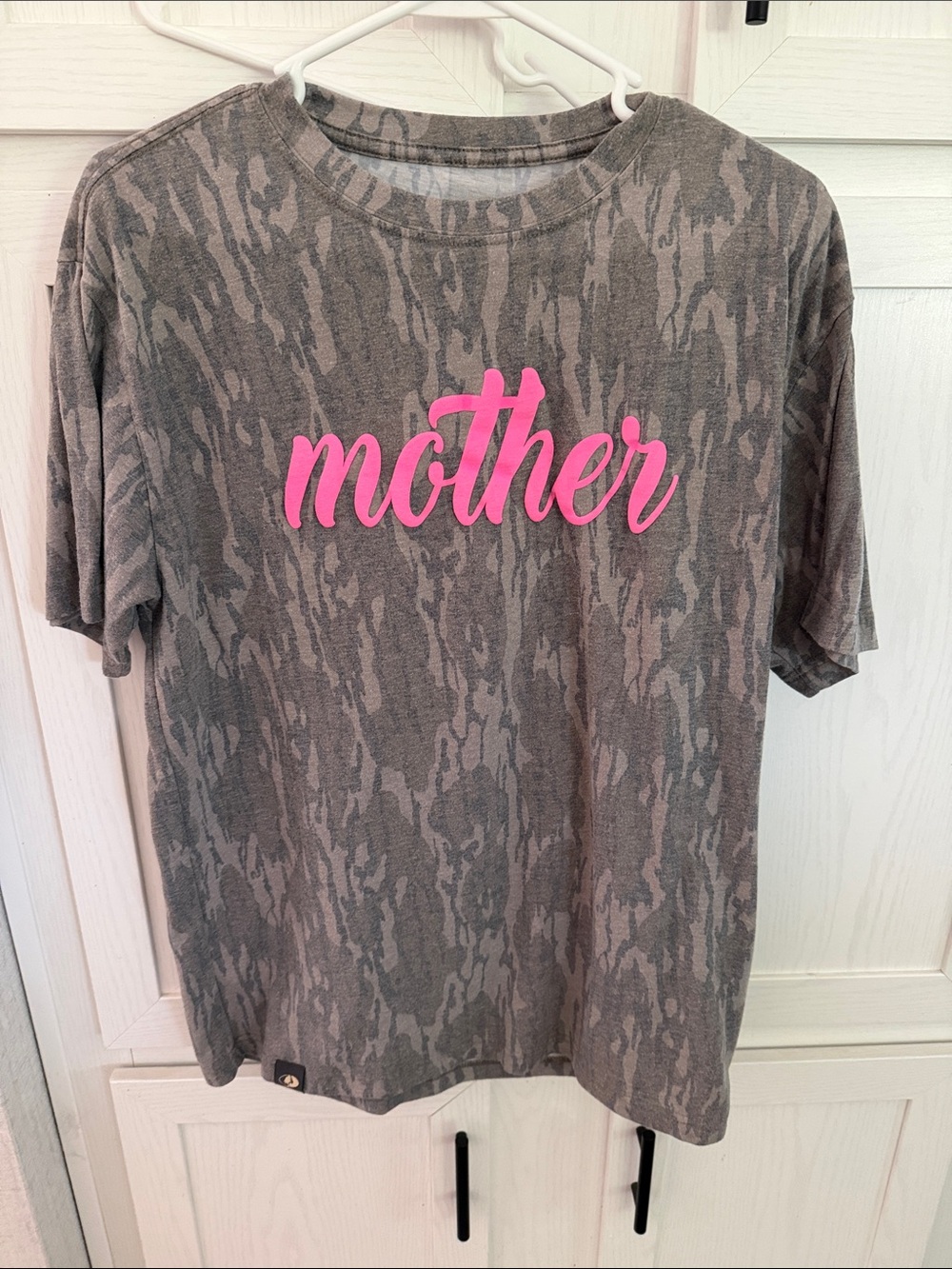 Mossy Oak Gray Camo Short Sleeve Tee with Pink "mother" Script